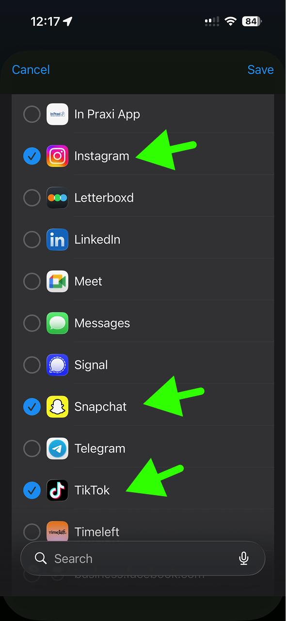 Wähle Instagram, Snapchat und TikTok
